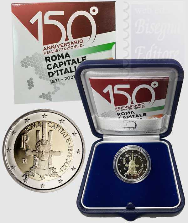 Monete Euro - 2021 - Confezione Proof in cofanetto e certificato - 2 euro  Italia -150° Anniversario dell'Istituzione di Roma Capitale d'Italia