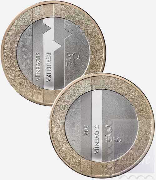 Monete Euro - 3 € bimetallico Slovenia 2021 - 30° anniversario della sua  indipendenza
