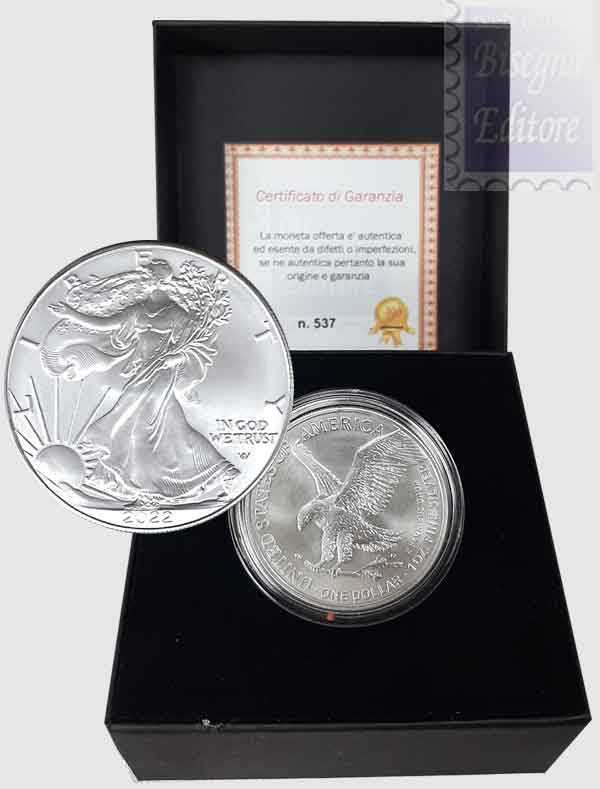 Monete Euro - Confezione in scatola e certificato - 1 dollaro USA 2022 - 1  Oncia Argento 999 BU (31,10 g)- LIBERTY / AMERICAN EAGLE 2022 ( Nuova  effigie)