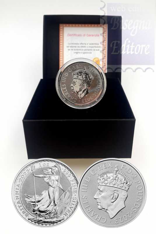 Monete Euro - Oncia Britannia 2023 - Incoronazione Carlo III - Confezione  in scatola e ns. certificato- 2 sterline Argento 999 BU (31,10 g)